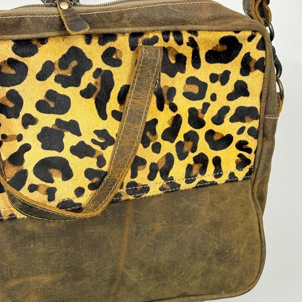 Myra Bag Brown Cheeta Leather, Leopard Hair on Cowhide Laptop Bag Fringe Western